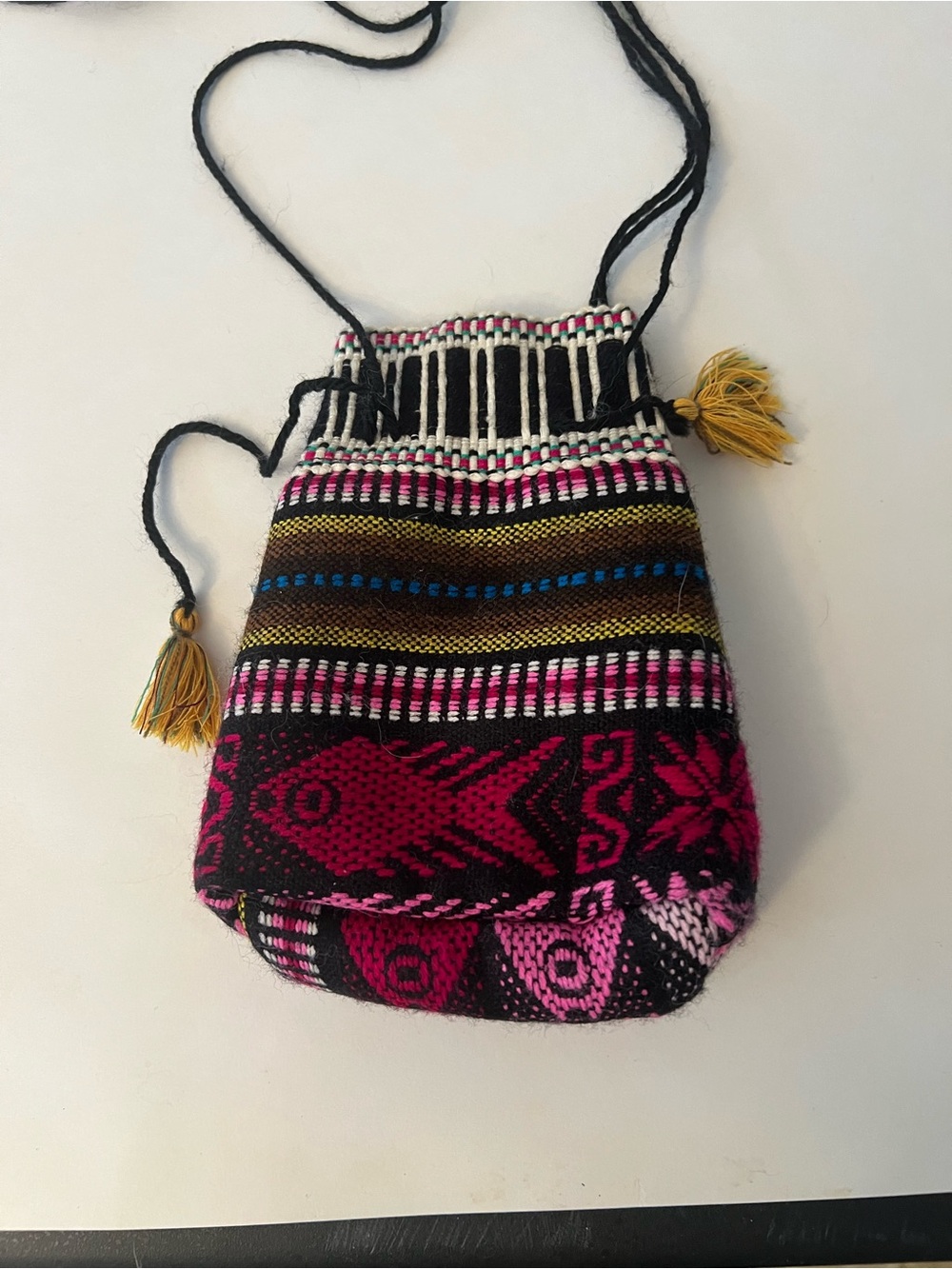 Handwoven Black & Pink Peruvian Style Drawstring Crossbody Bag.